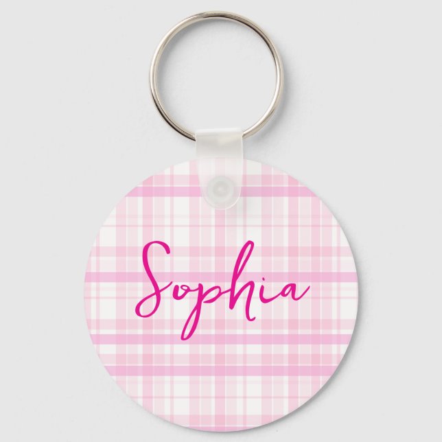 Personalised Pink Plaid keychain  with Name  (Front)