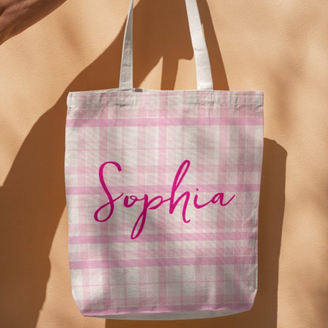 Personalised Pink Plaid Name Tote Bag (Creator Uploaded)