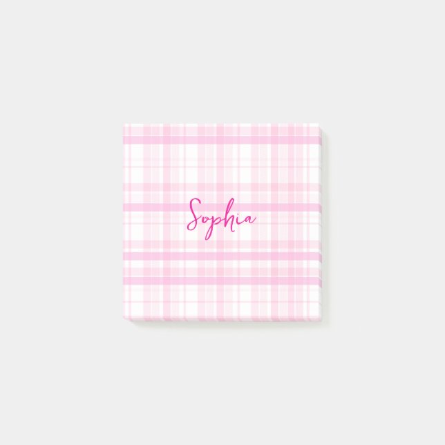 Personalised Pink Plaid Post-It Notes with Name  (Front)