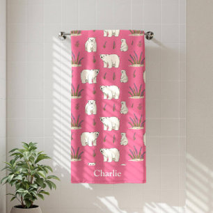 Personalised Pink Polar Bear Kids Bath Towel