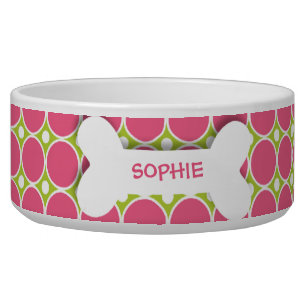 Personalised pink polkadots dog bone pet food bowl