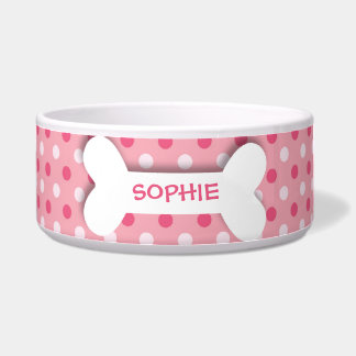 Personalised pink polkadots dog bone pet food bowl