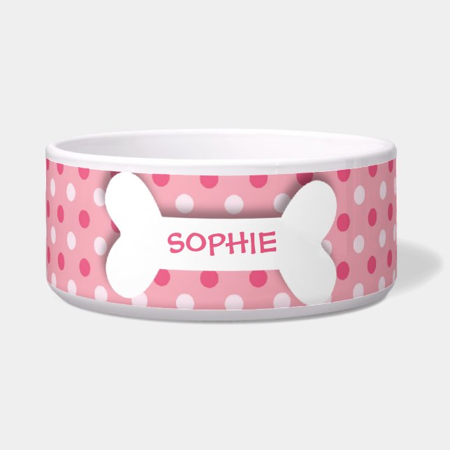 Personalised pink polkadots dog bone pet food bowl (Front)