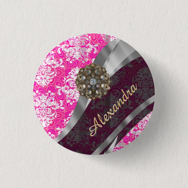 Personalised pink pretty girly damask pattern 3 cm round badge (Front)