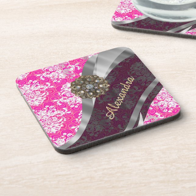 Personalised pink pretty girly damask pattern coaster (Left Side)