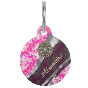 Personalised pink pretty girly damask pattern pet tag