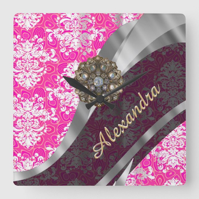 Personalised pink pretty girly damask pattern square wall clock (Front)