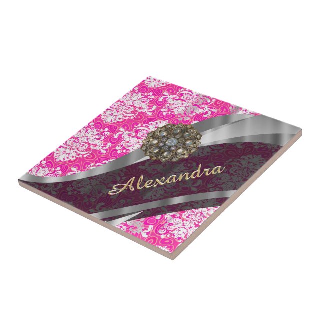 Personalised pink pretty girly damask pattern tile (Side)