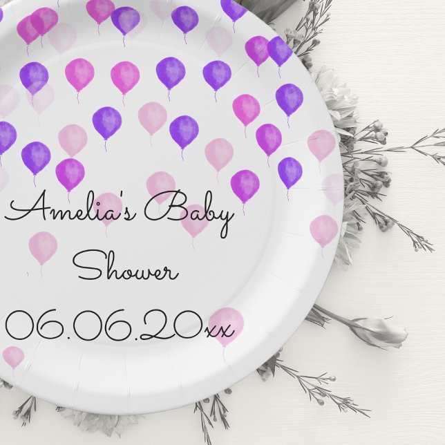 Personalised Pink Purple Balloon Baby Shower Paper Plate (Creator Uploaded)