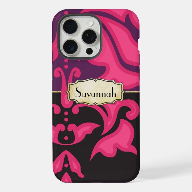 Personalised Pink Purple Black Damask Pattern iPhone Case (Back)
