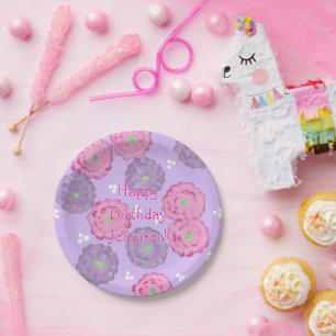Personalised Pink Purple Flowers Birthday Plates