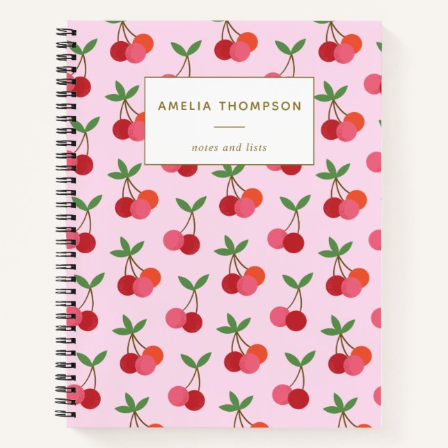 Personalised Pink Red Cherry Fruit Retro Pattern Notebook (Front)