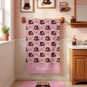 Personalised Pink Red Panda Kids Bath Towel