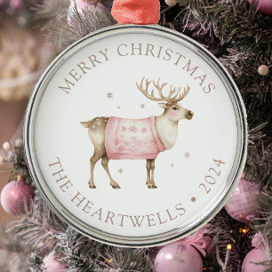 Personalised Pink Reindeer Merry Christmas Metal Tree Decoration