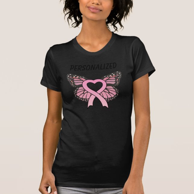 Personalised Pink Ribbon Butterfly Heart Ladies Bl T-Shirt (Front)