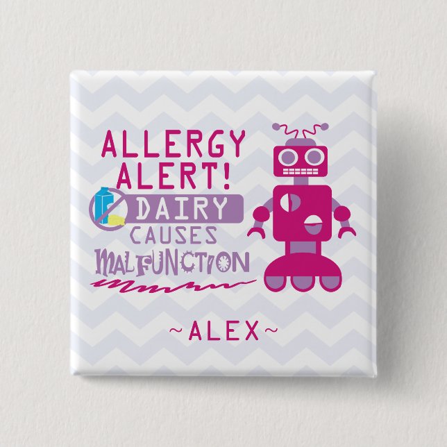 Personalised Pink Robot Dairy Allergy Alert Pin (Front)