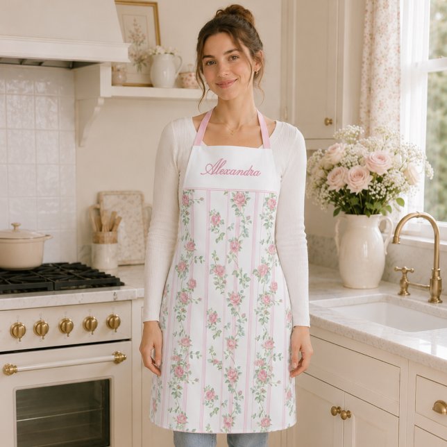 Personalised Pink Rose Floral Apron (cute elegant pink coquette grandmillennial vintage rose floral apron with custom monogram name)