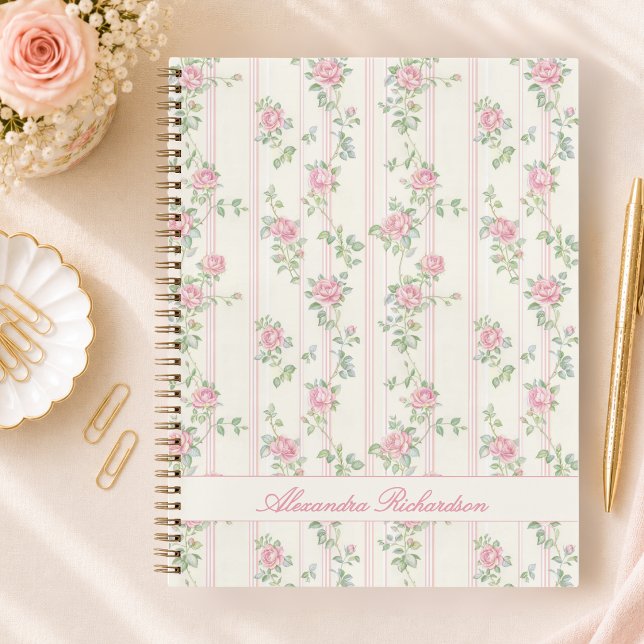 Personalised Pink Rose Floral Spiral Notebook (elegant pink coquette grandmillennial floral rose notebook with custom calligraphy script monogram)