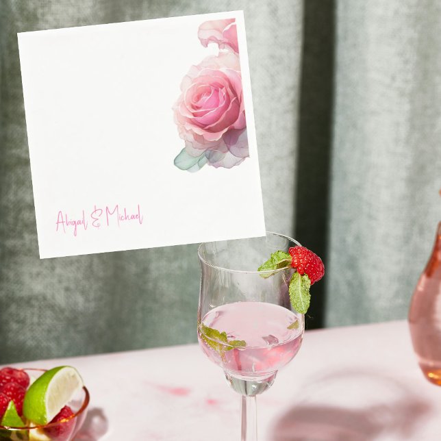 Personalised Pink Rose Floral Wedding Cocktail Napkin (Creator Uploaded)