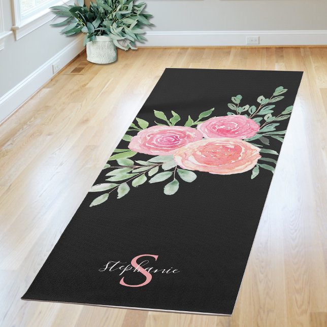 Personalised Pink Roses Black Yoga Mat (Creator Uploaded)