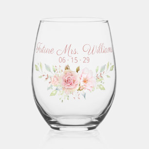 Personalised Pink Roses Bridal Drinkware Set Stemless Wine Glass