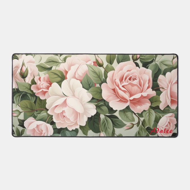 Personalised Pink Roses Floral Desk Mat (Front)