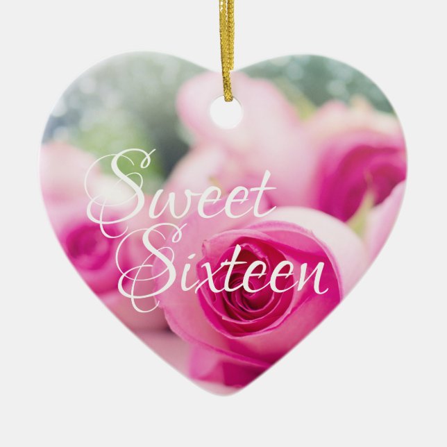 Personalised Pink Roses Sweet Sixteen Christmas Ceramic Tree Decoration (Front)