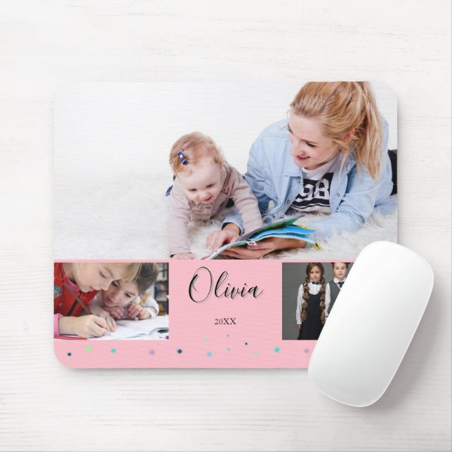 Personalised Pink School Photo Collage Name Mouse Pad (With Mouse)