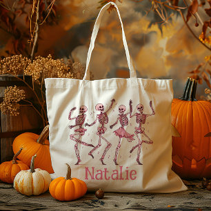 Personalised Pink Skeleton Trick Or Treat Candy Tote Bag