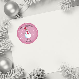 Personalised Pink Snowman Christmas Classic Round Sticker
