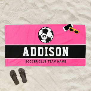 Personalised Pink Soccer Player Name Beach Towel