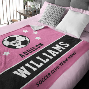 Personalised Pink Soccer Player Name Fleece Blanket