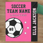 Personalised Pink Soccer Player Name Fleece Blanket<br><div class="desc">Personalised soccer themed fleece blanket for soccer players when they're not scoring goals on the field, and for their parents to support their kids and stay warm at chilly games! Makes a unique team gift for travel tournaments. Design features a soccer ball customised with the player's uniform number, custom text...</div>
