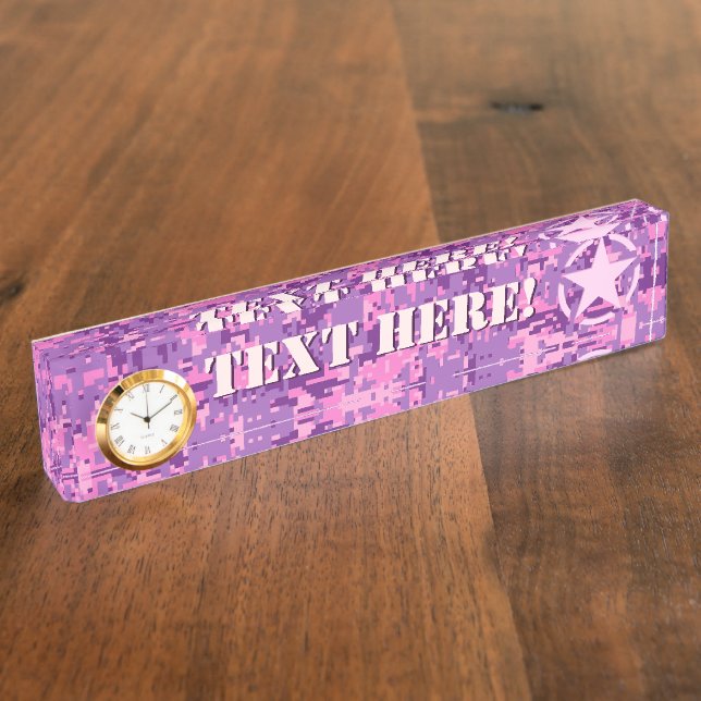 Personalised Pink Star on Digital Camo Pattern Nameplate (Side)