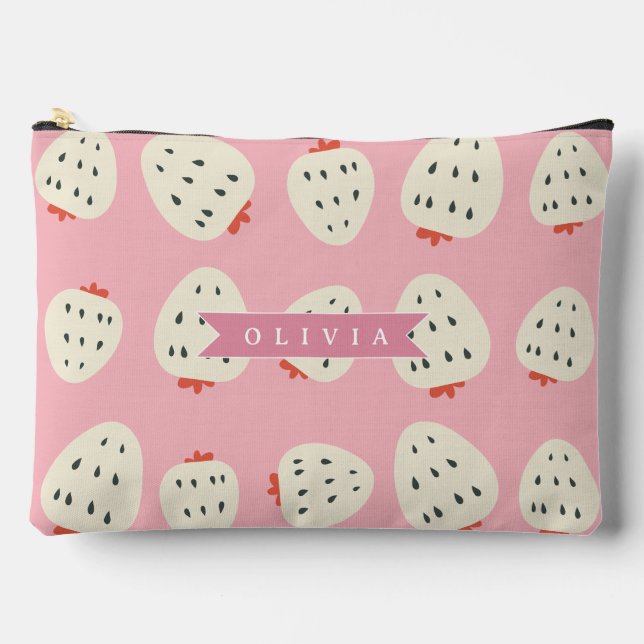 Personalised Pink Strawberry Name Cute Girly Accessory Pouch (Front)