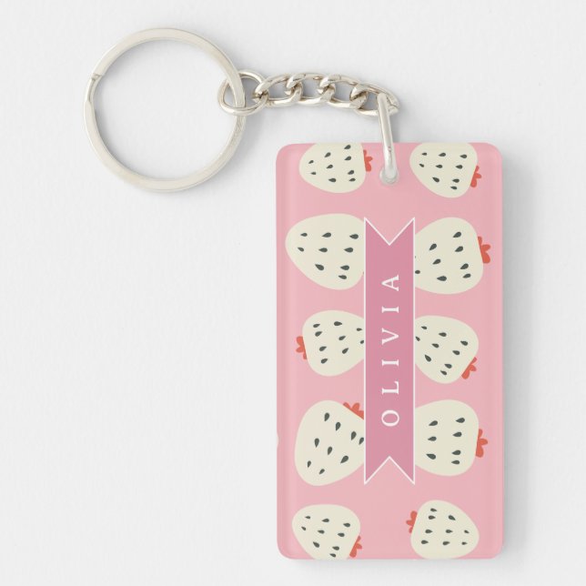 Personalised Pink Strawberry Name Cute Girly Key Ring (Front)