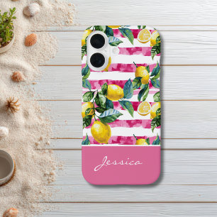 Personalised Pink Stripe Lemon Pattern iPhone Case