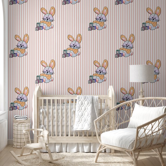 Personalised Pink Striped Nursery Art - Bunny Wallpaper (Kids)