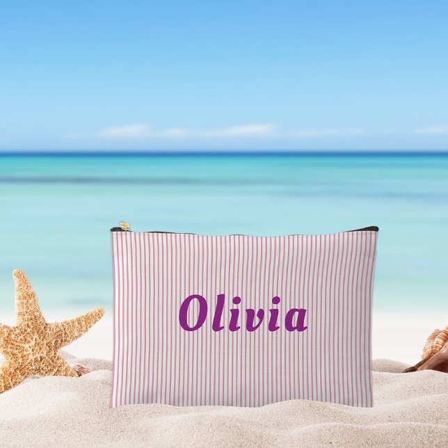 Personalised, pink striped, purple letters  accessory pouch (Creator Uploaded)