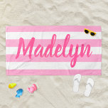 Personalised Pink Striped Script Name Beach Towel<br><div class="desc">Personalised beach towel design features custom text in modern girly hot pink script that can be personalised with a first or last name against a pattern of white stripes on a light pink background. Colours and font style can be completely customised.</div>
