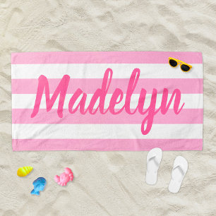 Personalised Pink Striped Script Name Beach Towel