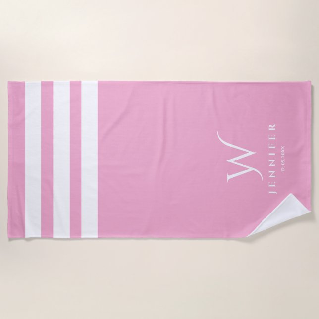 Personalised pink stripes Beach Towel (Front)
