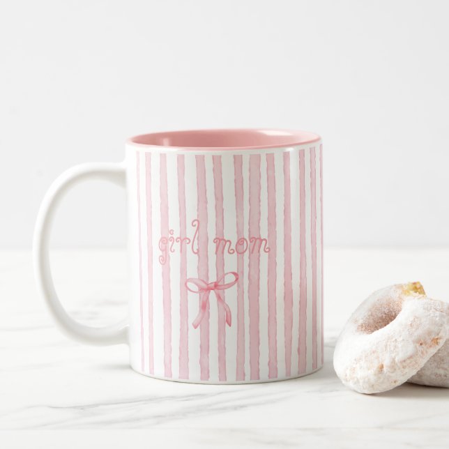 Personalised Pink Stripes Coquette Custom Text Two-Tone Coffee Mug (With Donut)
