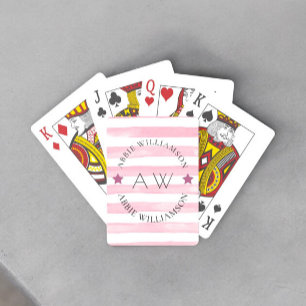 personalised pink stripes stylish monogram playing cards