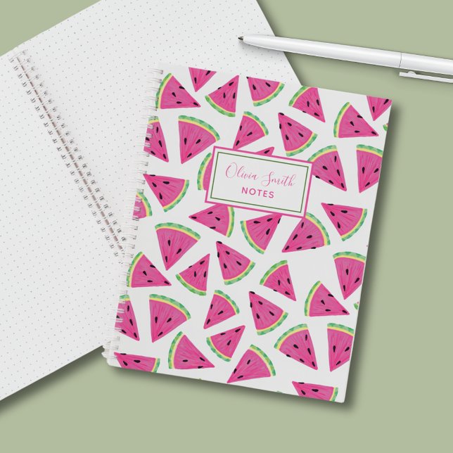 Personalised Pink Summer Watermelon Pattern  Notebook (Pink girly watermelon notebook. Customize with your name & own text. Home office or back to school.)