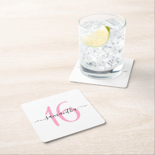 Personalised Pink Sweet 16 Square Paper Coaster