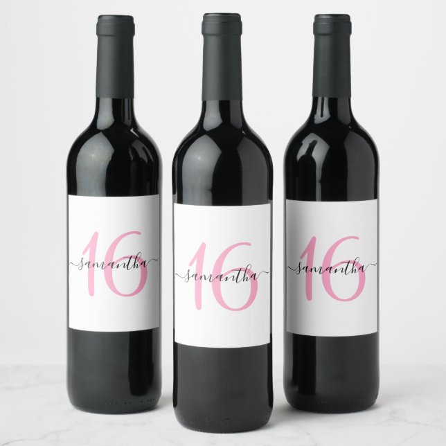 Personalised Pink Sweet 16 Wine Label (Bottles)