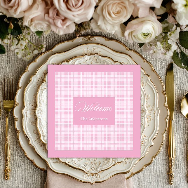 Personalised Pink Table Napkins Modern Tartan Look (Personalized Pink Table Napkins Modern Tartan Look)