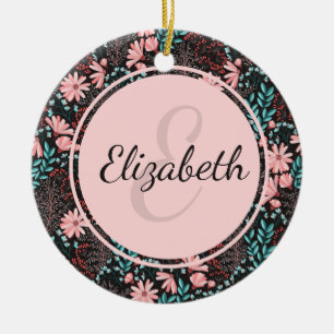 Personalised Pink & Teal Dark Floral Ceramic Tree Decoration