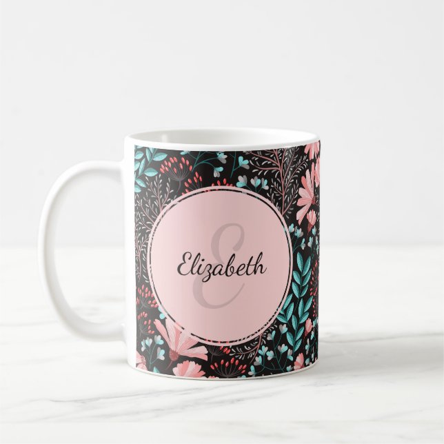 Personalised Pink & Teal Dark Floral Coffee Mug (Left)